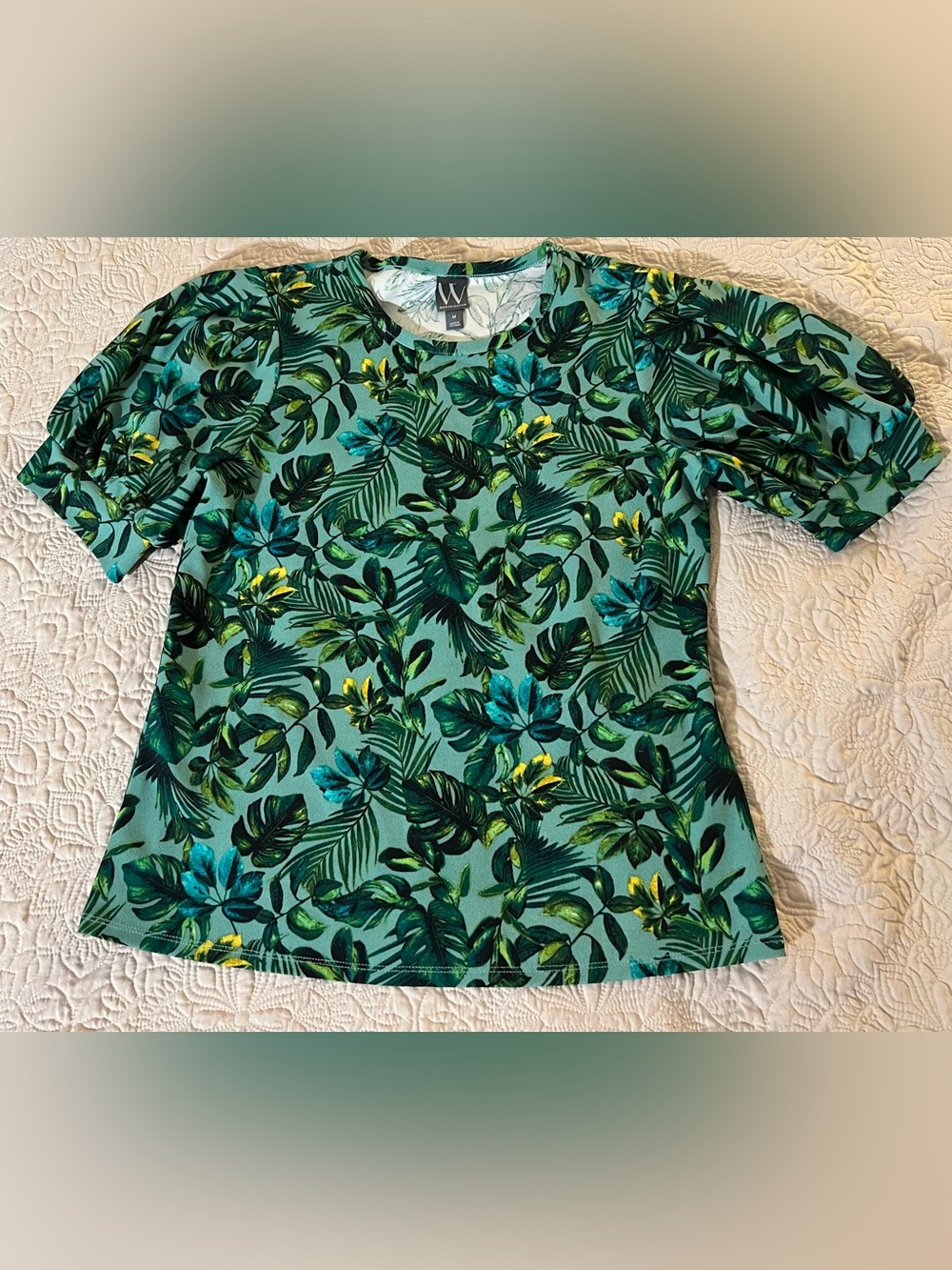 Worthington Green Tropical Floral Round Neck 3/4 Puff Sleeve Pullover Blouse M